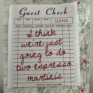 Quirky canvas Guest Check Red writing Wall Art 2 espresso martinis bar cart
